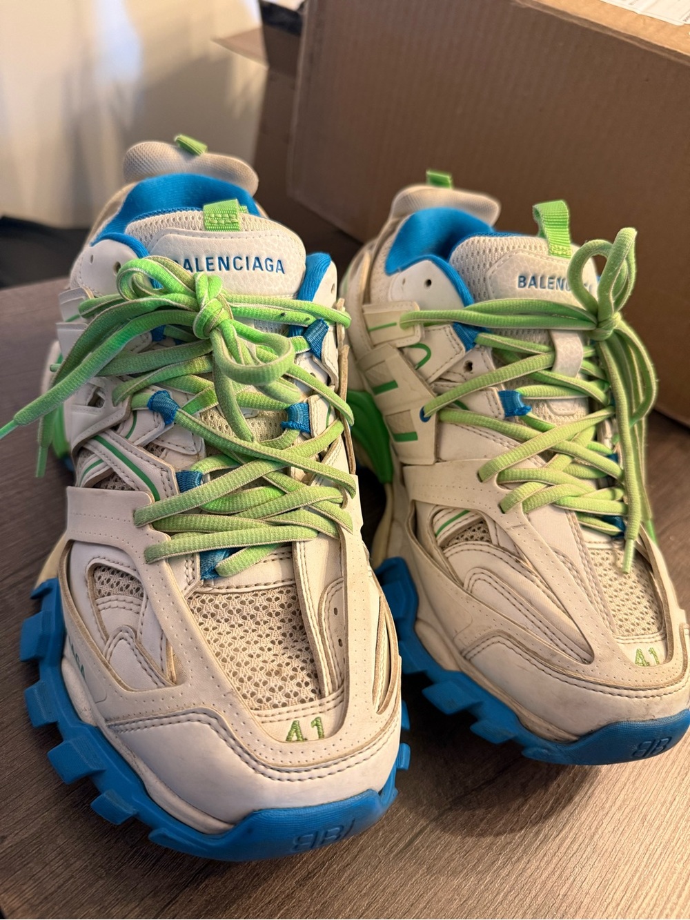 Authentic Balenciaga White Sneakers with Blue & Neon Green Accents - 41 unisex